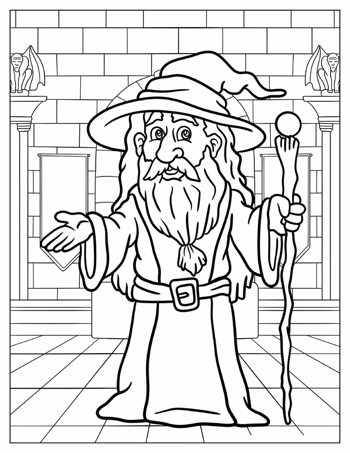 Simple Wizard Inside A Castle Coloring Sheet