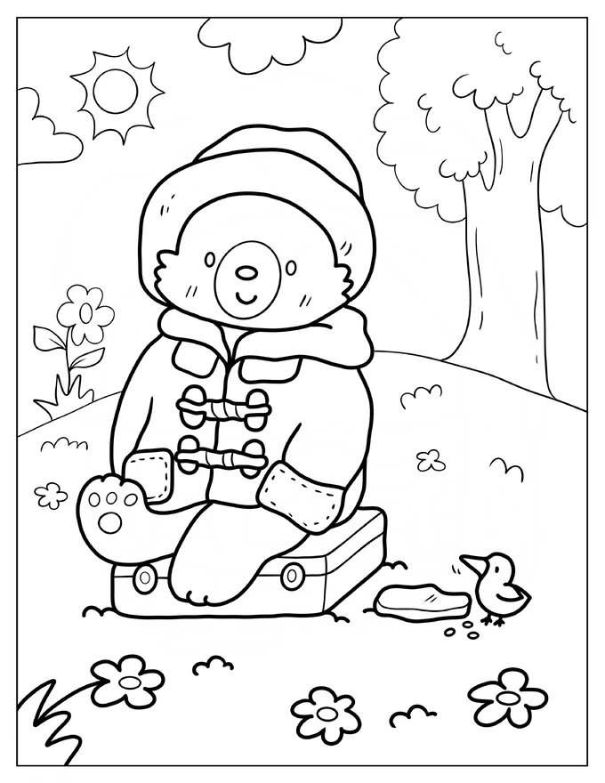 Simple Paddington Sitting On His Suitcase In The Park Coloring Page For Preschoolers