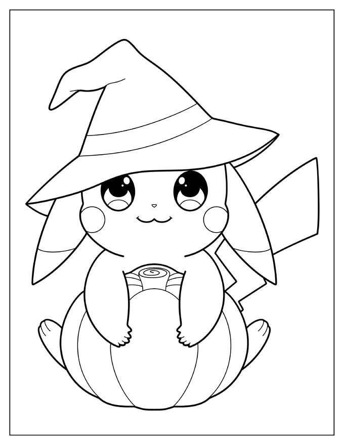 Simple Witch Pikachu Hugging A Pumpkin Coloring Sheet For Preschoolers