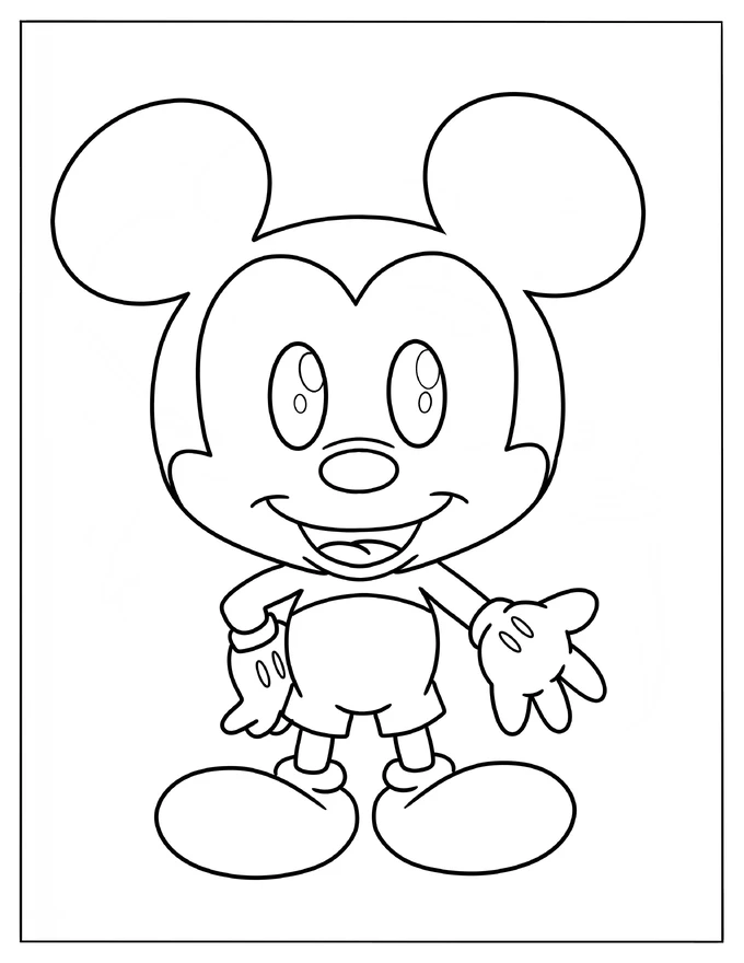 Easy Kawaii Mickey Mouse Coloring Page For Preschoolers