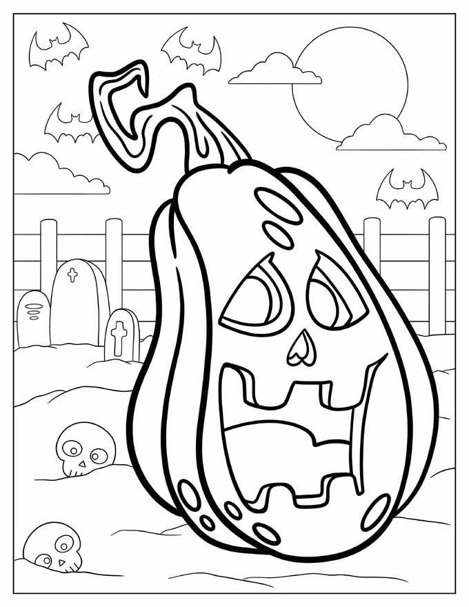 Spooky Jack O Lantern In Graveyard To Color