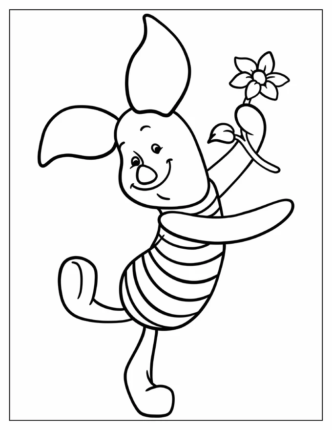 Piglet Dancing While Holding A Flower Coloring Sheet For Kids