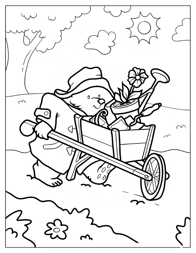 Paddington Pushing A Wheelbarrow Full Of Gardening Tools Coloring Page