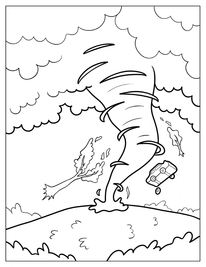 Large Tornado Sucking In Tree And Car Coloring Page