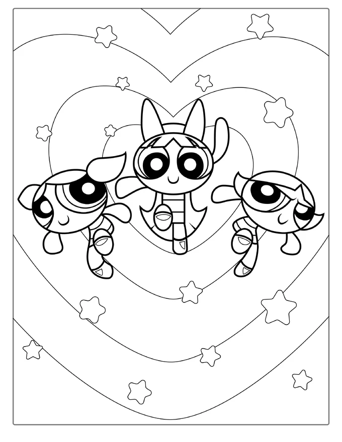 Powerpuff Girls In Love Heart Coloring Sheet