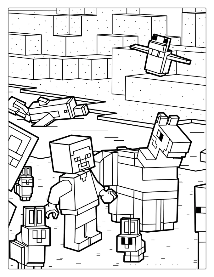 Lego Minecraft With Llama And Rabbits Coloring Page