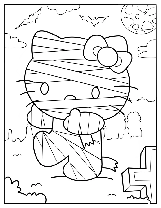 Hello Kitty Mummy In The Cemetery Coloring Page For Kids