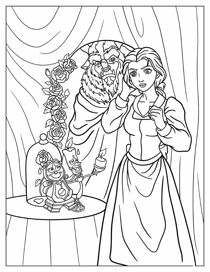 Lumière And Cogsworth Showing Rose To Belle Coloring Sheet