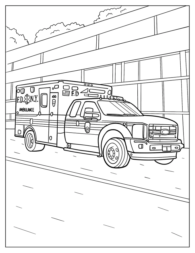 Ambulance Parked Beside A Hospital Coloring Page