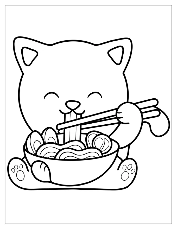 Cat Eating Ramen Coloring Page For Kids