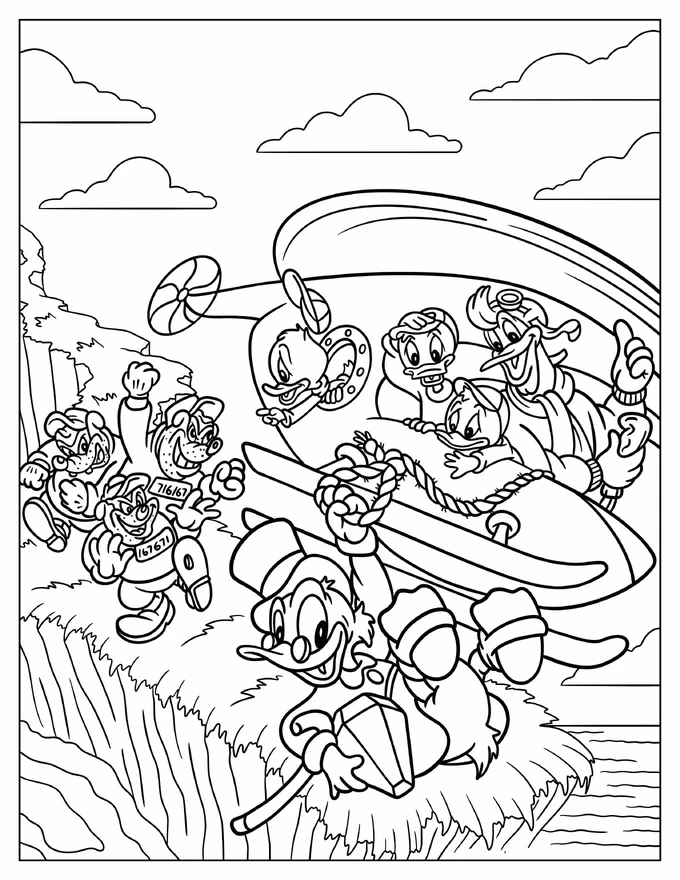 DuckTales Launchpad, Dewey, Louie, Huey, And Scrooge Escape From Bigtime Beagle Coloring Page