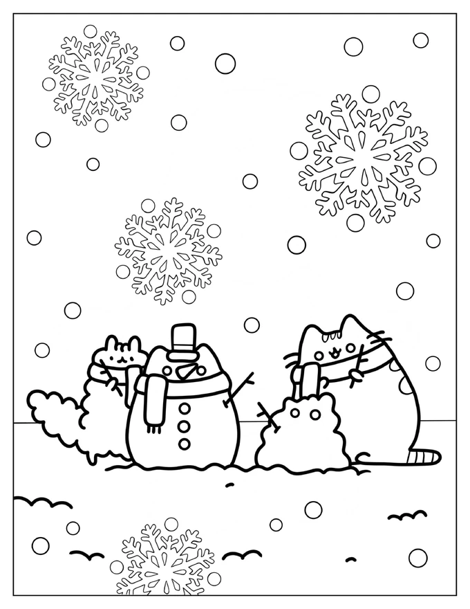 Snowflakes Falling On Pusheen, Stormy, And Snowman Coloring Sheet