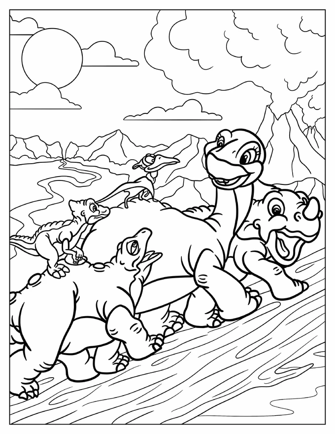 Land Before Time Littlefoot, Cera, Ducky, Petrie, And Spike Walking Up The Mountain