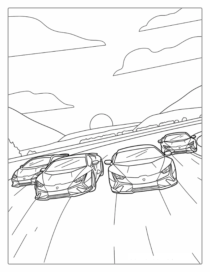 Four Lamborghini Cars On Race Track Coloring Sheet