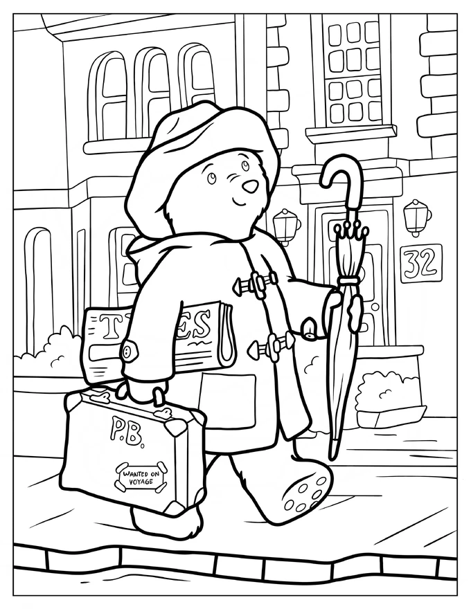 Paddington Carrying His Suitcase, Umbrella, And Newspapers While Walking On The Sidewalk Coloring Sheet