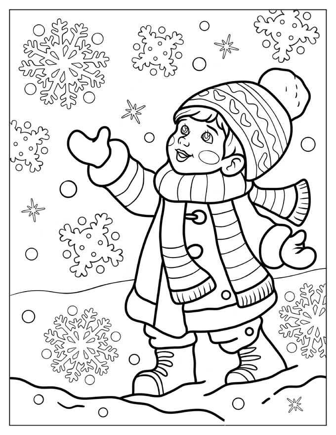 Little Girl Trying To Catch Snowflakes Coloring Page