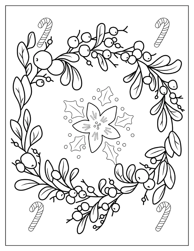 Mistletoe Christmas Wreath Coloring Page