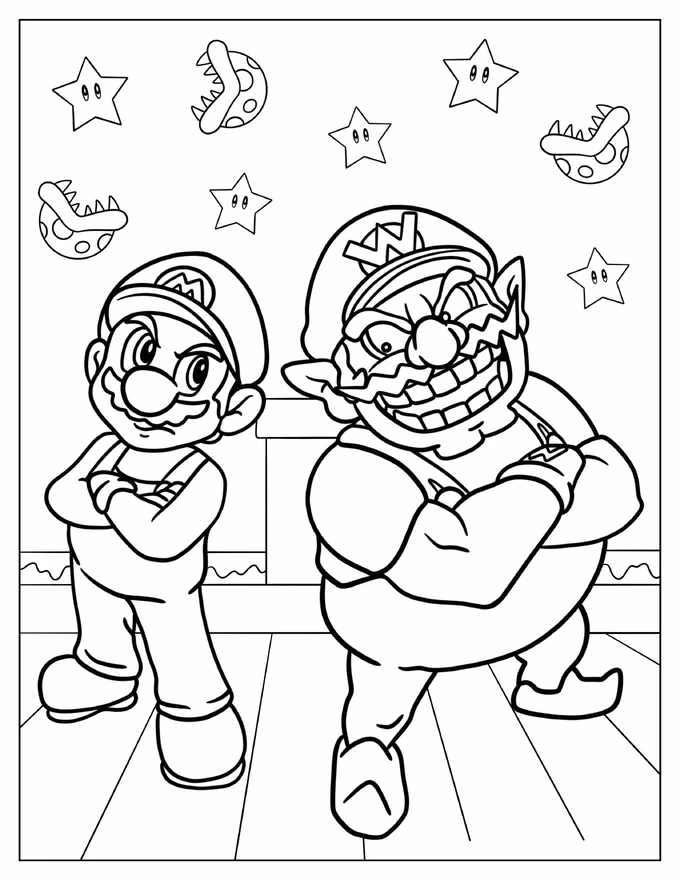 Mario Back To Back With Wario Coloring Sheet