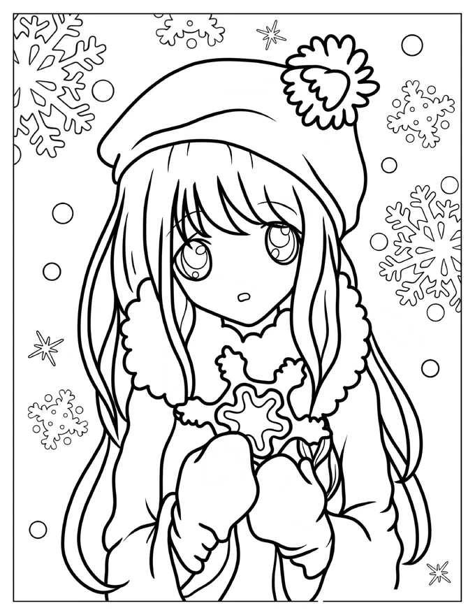 Kawaii Anime Girl Holding Snowflake