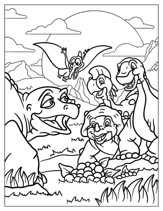 Land Before Time Spike With Littlefoot, Cera, Petrie, And Ruby In The Mountain Coloring Sheet