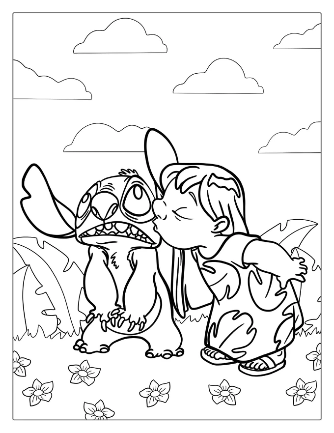 Lilo Kissing Stitch On The Check Coloring Page