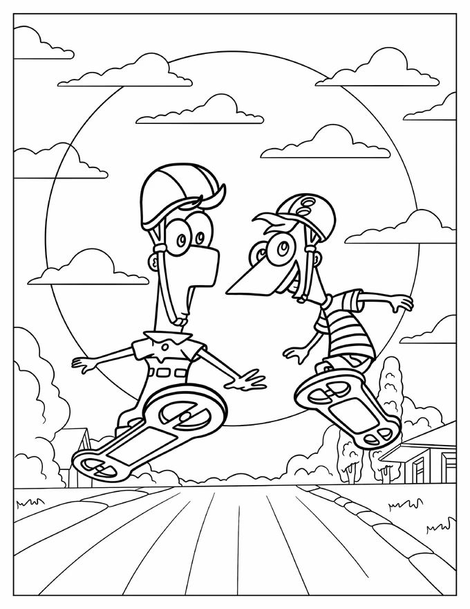 Phineas And Ferb Skateboarding Coloring Page