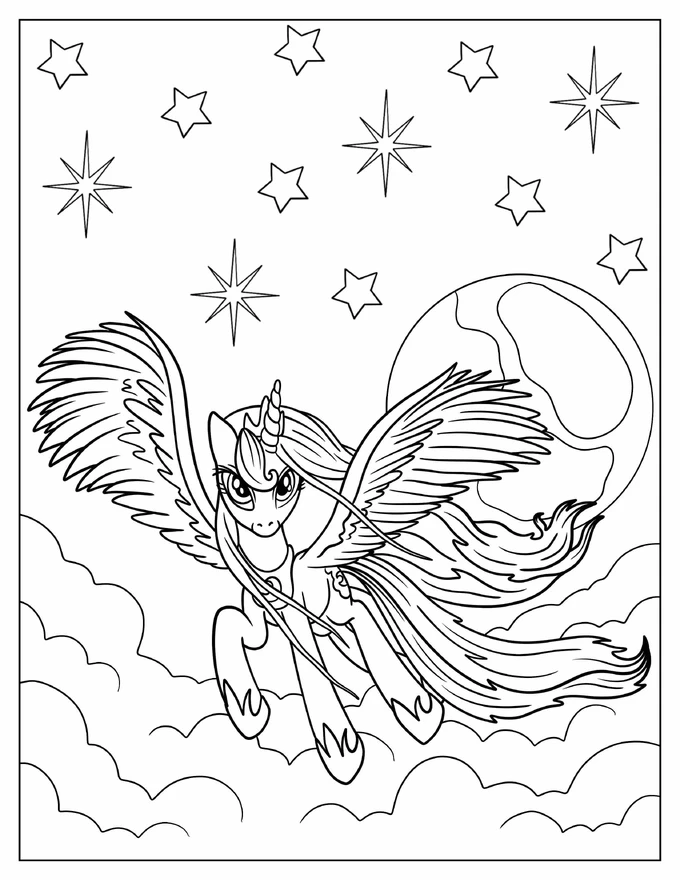 Princess Luna Flying In Front Of A Full Moon Coloring Sheet