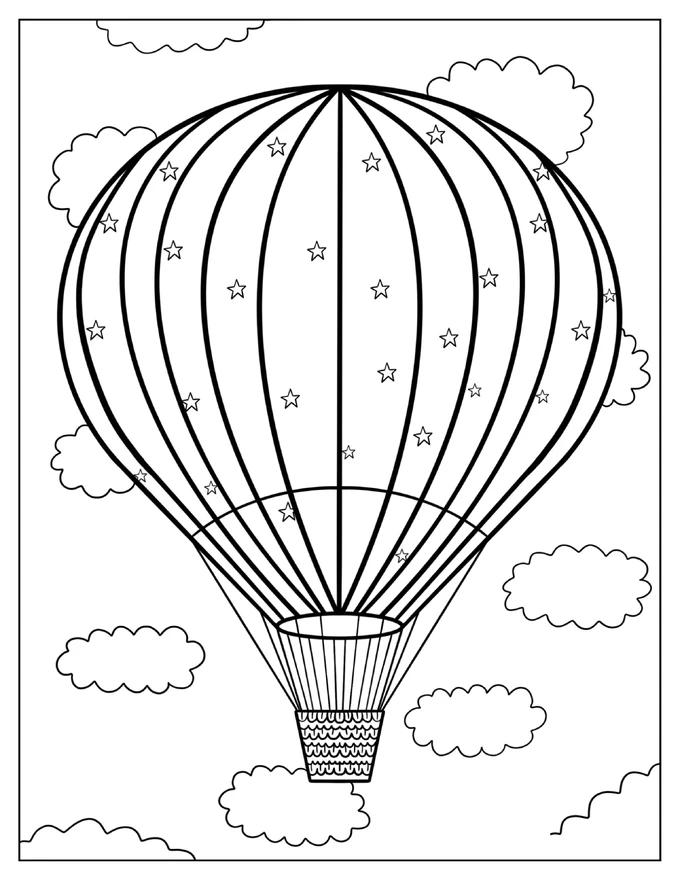 Hot Air Balloon Floating In Clouds With Stars