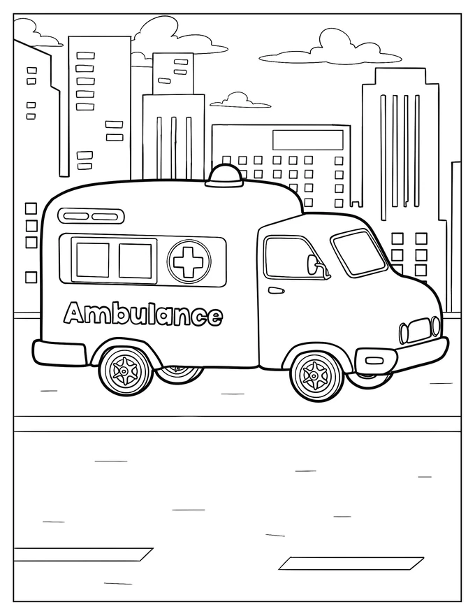 Cartoon Ambulance In The City Coloring Page For Kids