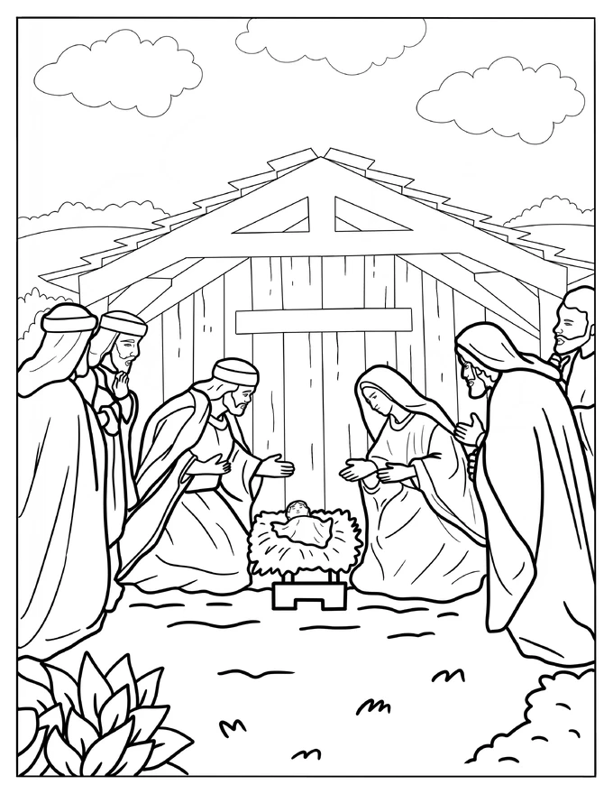 Simple Nativity With The Wise Men Coloring Sheet