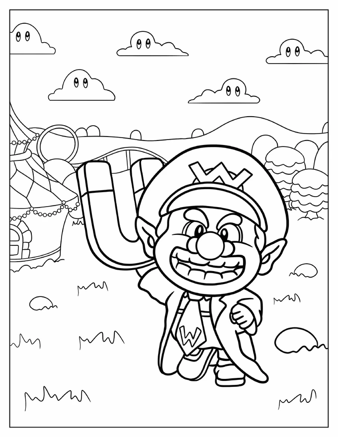 Dr. Baby Wario Holding Monstruous Magnet Coloring Sheet For Preschoolers