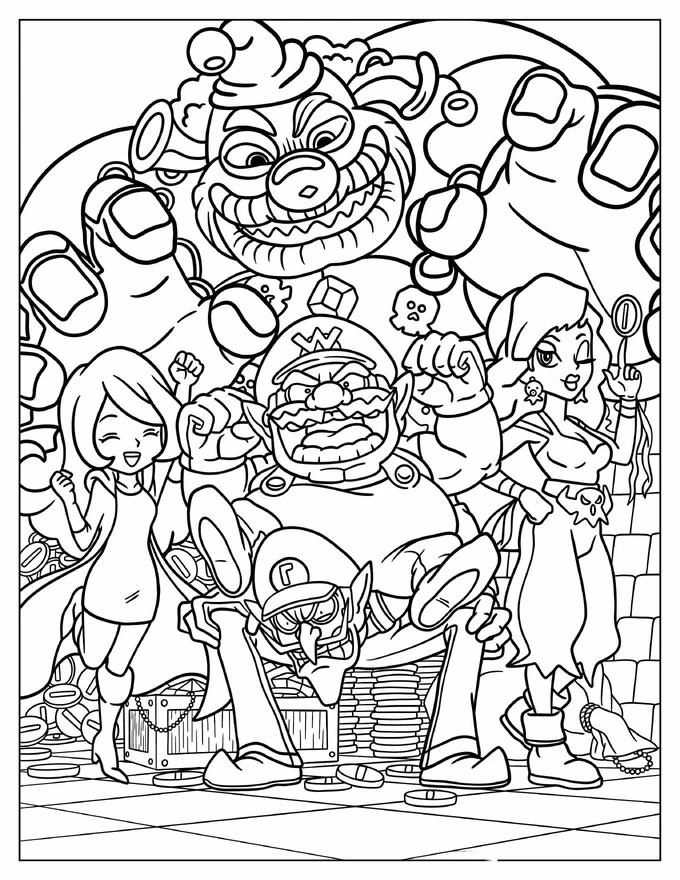 Detailed Wario With Waluigi, Captain Syrup, Mona, And Rudy The Clown Coloring Page