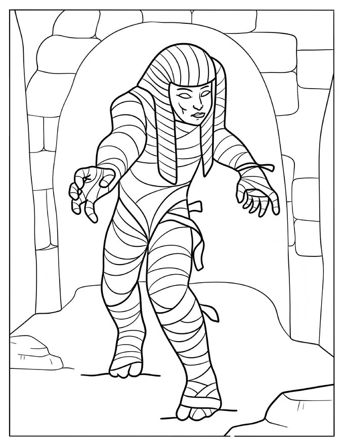 Mummy Stumbling Out Of A Stone Tomb Coloring Sheet