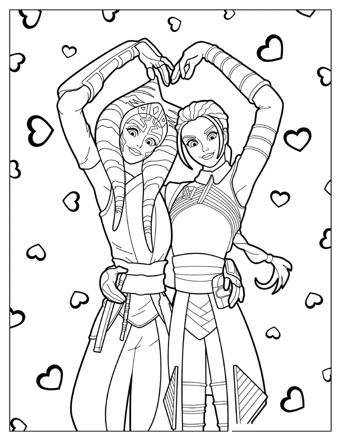 Cute Ahsoka And Fennec Forming Heart Coloring Sheet