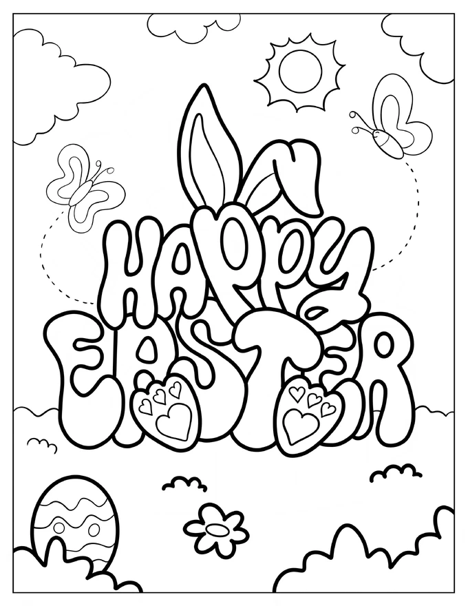 Happy Easter In Garden With Butterflies Coloring Page For Kids