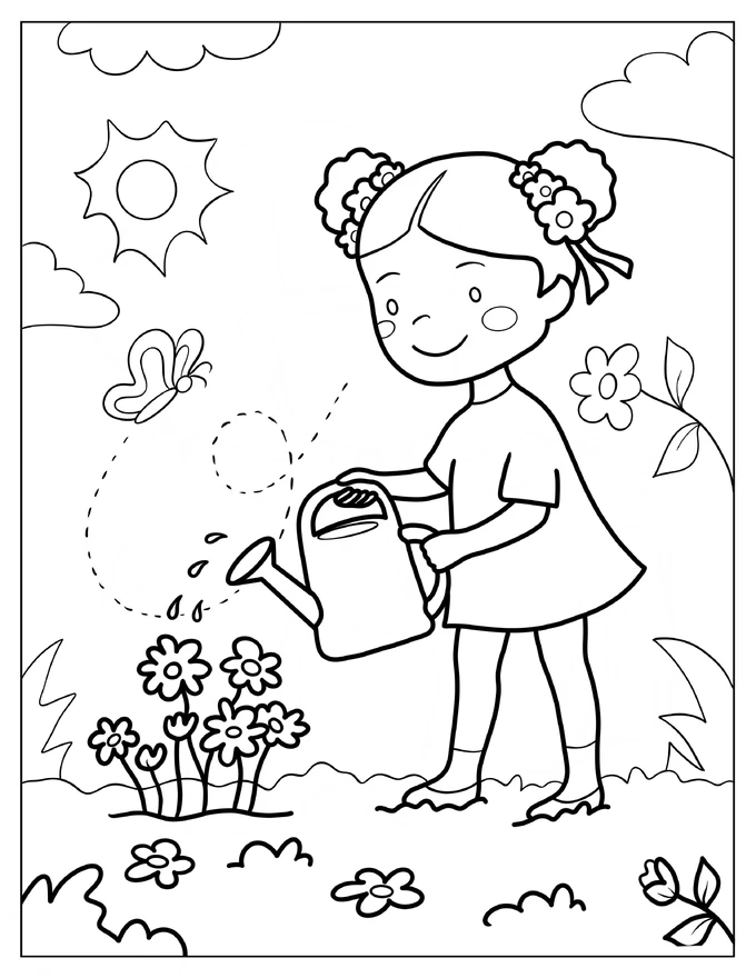 Cute Girl Watering Spring Flowers Coloring Page For Preschoolers