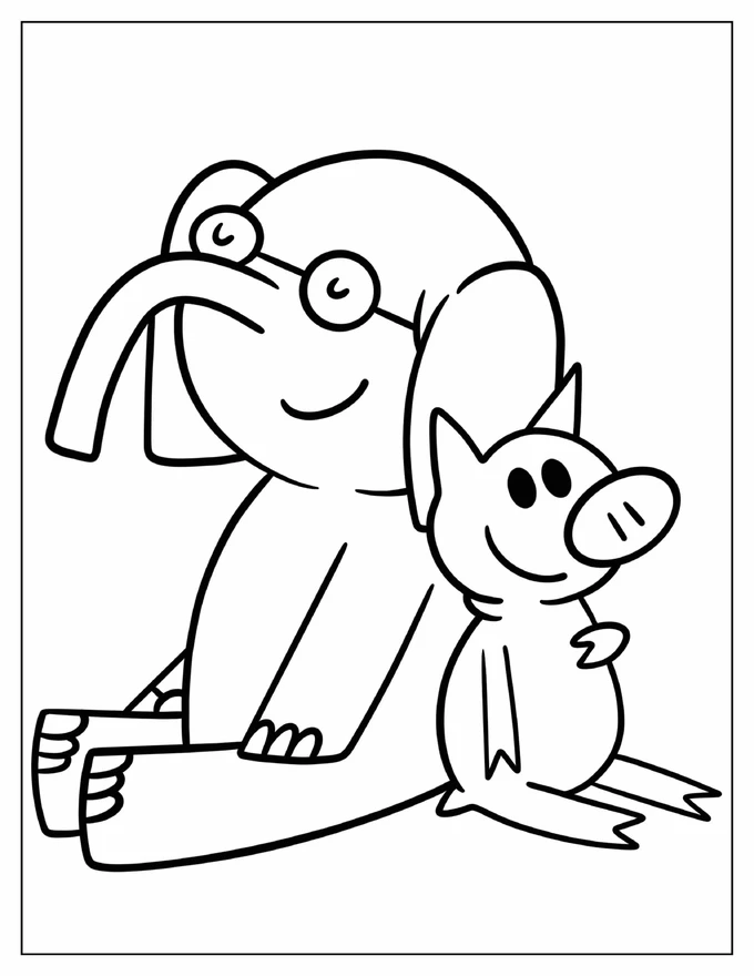 Kawaii Elephant And Piggie Sitting Next To Each Other Coloring Page