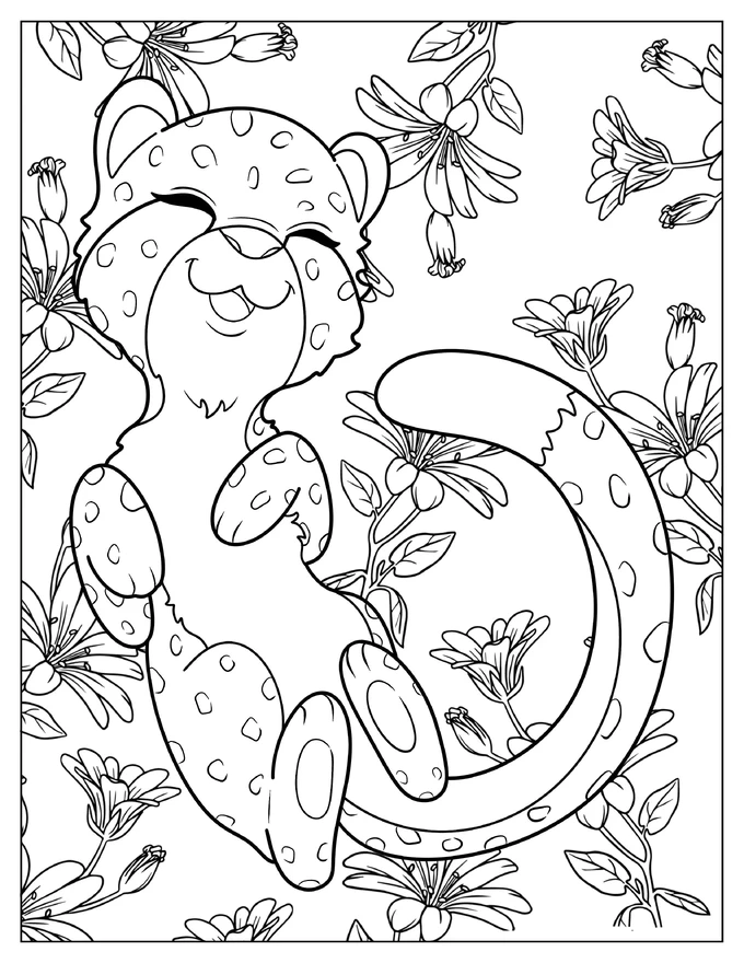 Kawaii Cheetah Sleeping On Its Back With Flowers Coloring Sheet