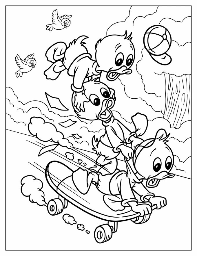 Huey, Louie, And Dewey Riding A Skateboard Coloring Sheet