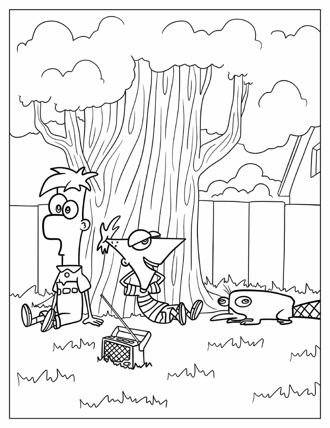 Phineas And Ferb In The Backyard With Perry The Platypus Coloring Sheet