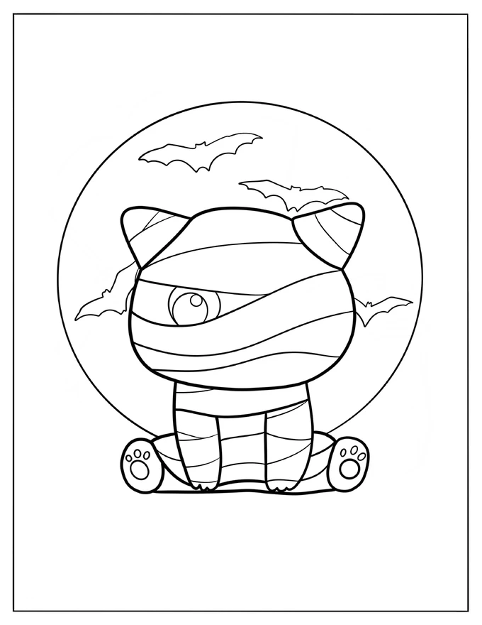 Kawaii Cat Mummy With Bats Coloring Page For Preschoolers