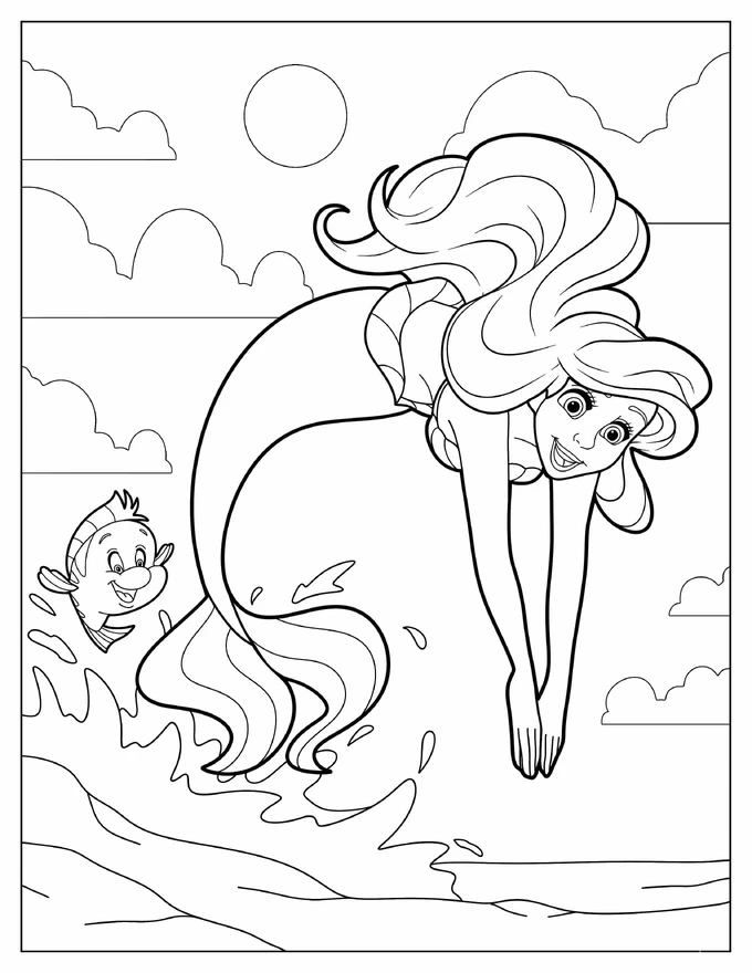 Mermaid Ariel Diving Into Sea With Flounder