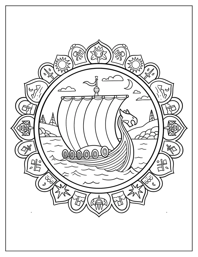 Viking Boat With Symbolisms Coloring Sheet