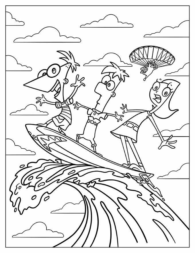 Phineas, Ferb, And Candace Surfing With Perry The Platypus On A Parachute