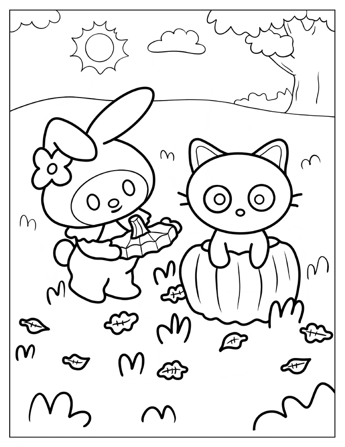 My Melody Playing With Chococat Inside A Pumpkin Coloring Sheet