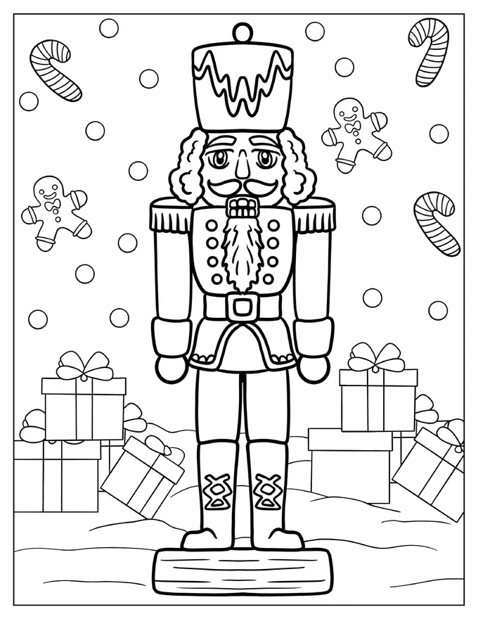 Nutcracker Surrounded By Presents, Gingerbread Men, And Candy Canes Coloring Page