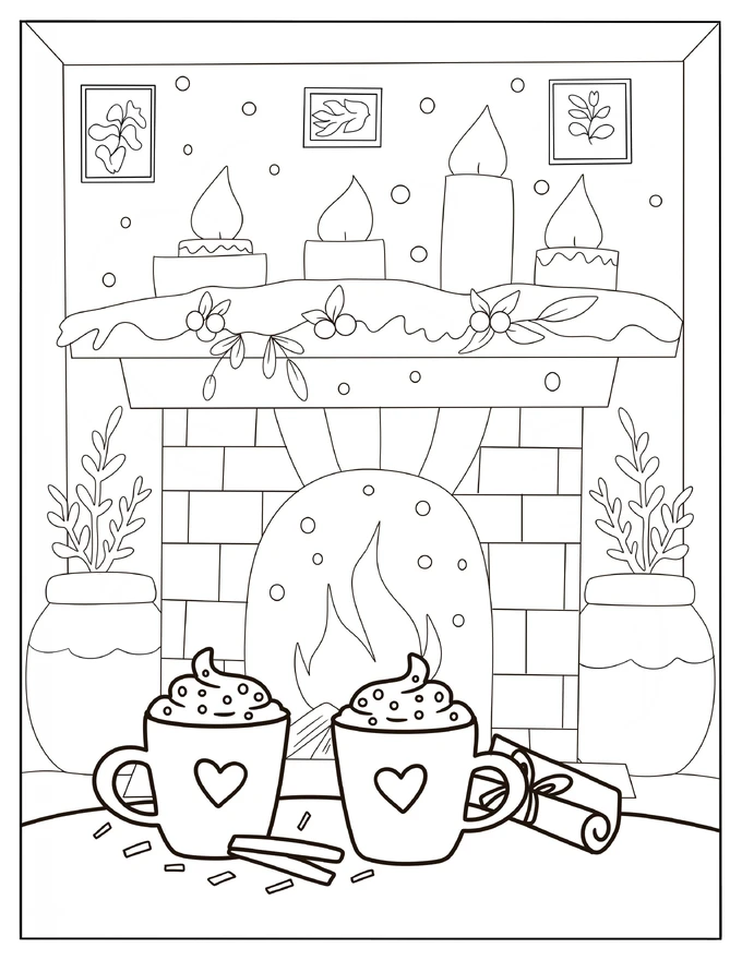 Two Cups Of Hot Chocolate In Front Of The Fireplace Coloring Sheet