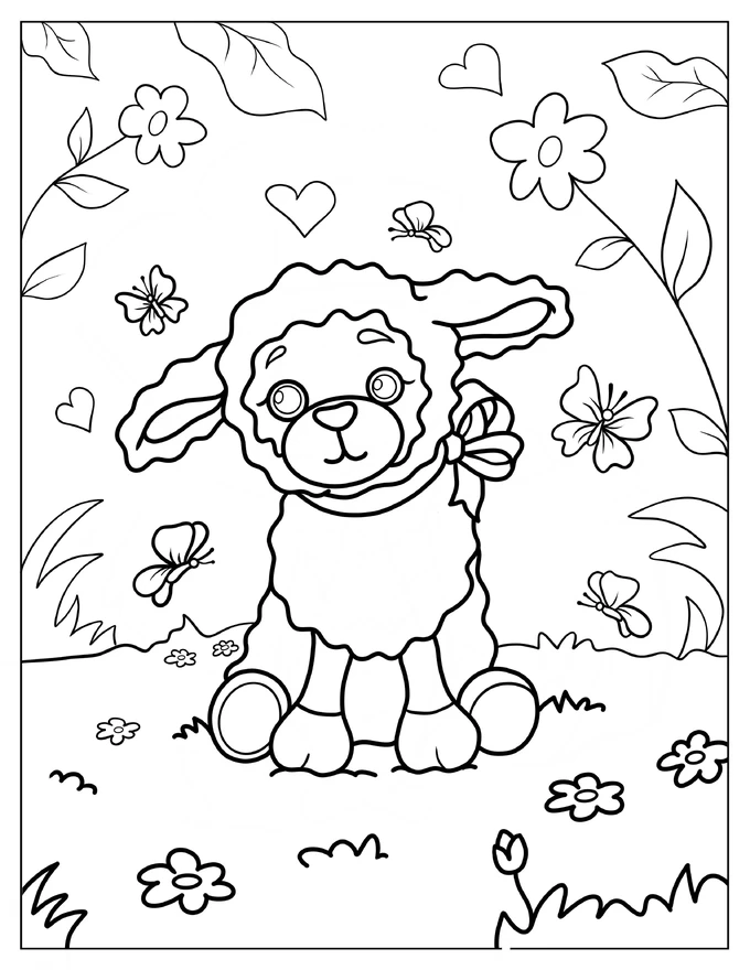 Cute Baby Sheep Surrounded By Butterflies And Spring Flowers