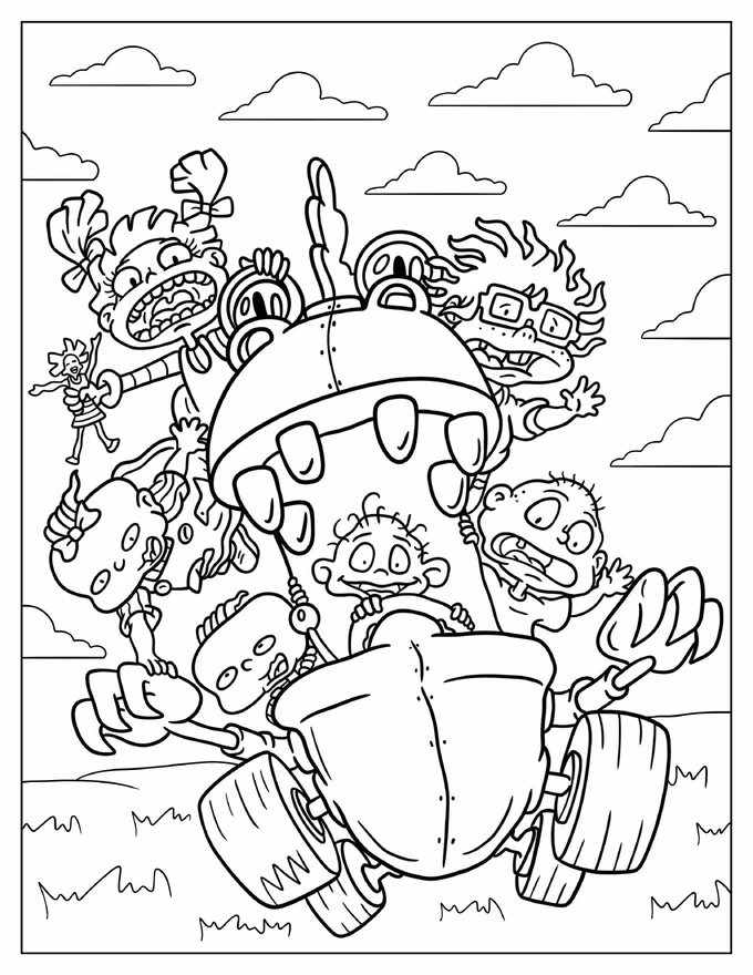 Rugrats Dil, Tommy, Chuckie, Angelika, Lillian, And Philip On Reptar Car Rugrats Coloring Sheet