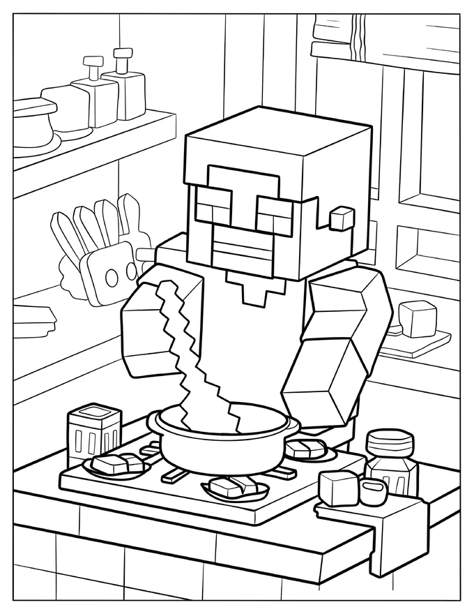 Minecraft Steve Cooking Dinner In The Kitchen Coloring Page For Kids